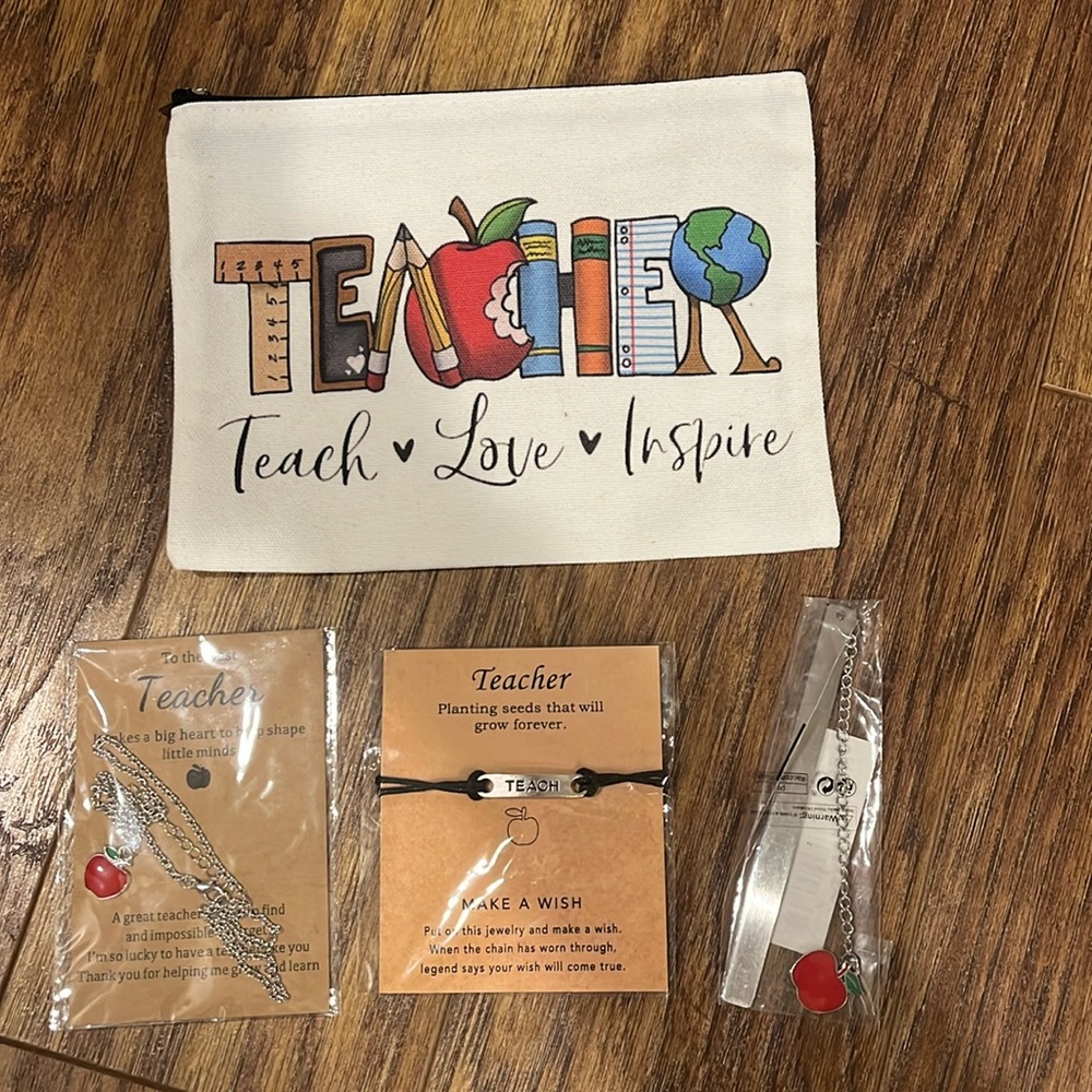Teacher pouch, necklace, bracelet, bookmark
